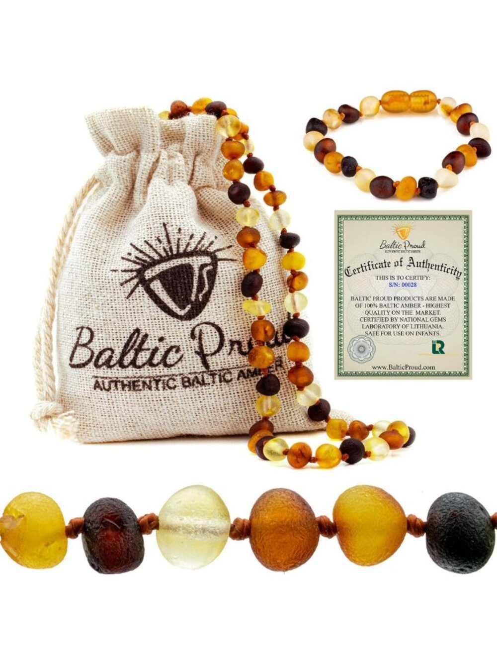 Unisex Raw Baltic Amber Necklace & Bracelet Gift Set - Multi Color 12.5"/5.5
